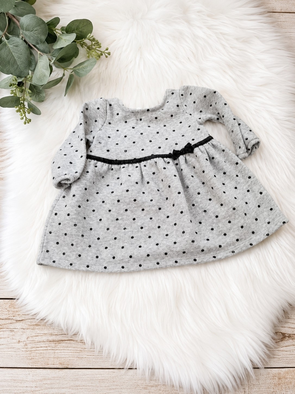 Carter’s Baby Girl Polka Dot Dress Gray Black Bow Long Sleeve 6 Months